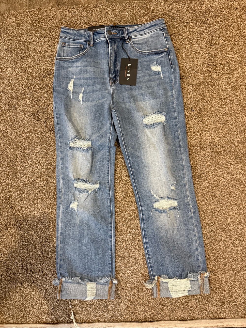 Risen Women's Light Blue Distressed Straight-Leg Jeans